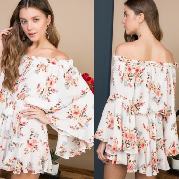 025 Boho Floral Print Off Shoulder Bell Sleeve Romper - Picture 3 of 3
